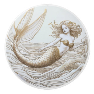 Gold and White Mermaid & Ocean Waves Right facing Ceramic Knob