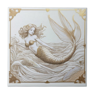 Gold and White Mermaid & Ocean Waves Right facing Ceramic Tile