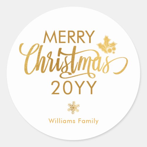 Gold and White Merry Christmas Custom Holiday Clas Classic Round Sticker