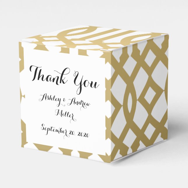 Gold and White Modern Trellis Pattern Favor Boxes (Front Side)