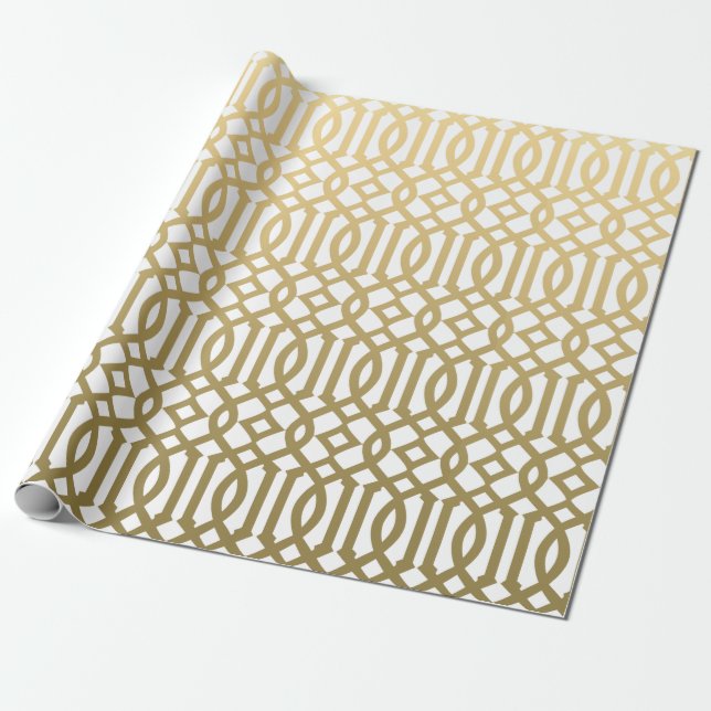 Gold and White Modern Trellis Pattern Wrapping Paper (Unrolled)