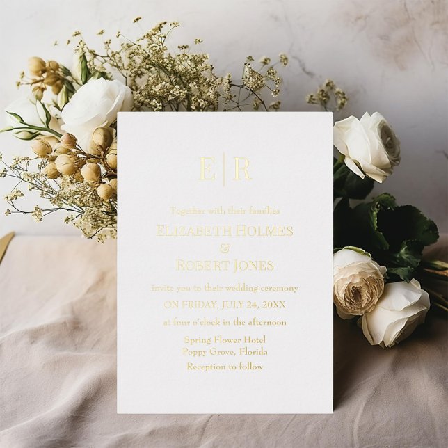 Gold and White Monogram Custom Photo Wedding  Foil Invitation (Gold and White Monogram Custom Photo Wedding Foil on a table with a white rose bouquet.)