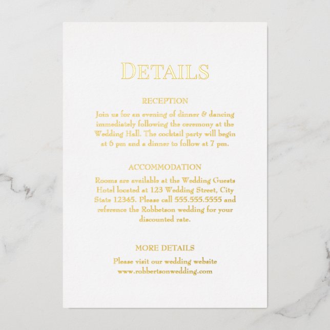 Gold and White Monogram Wedding Details Foil Invitation (Front)