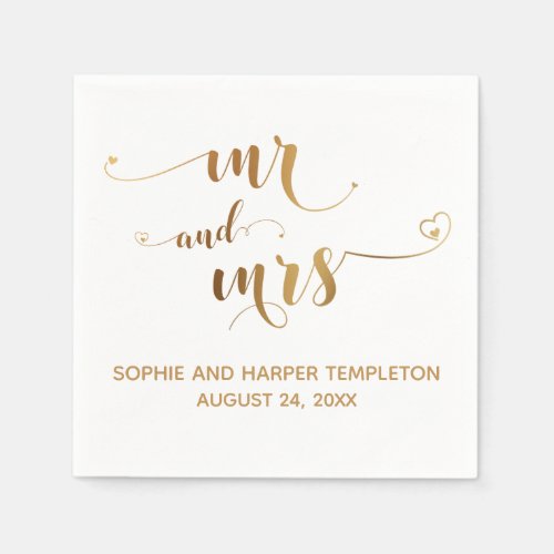 Gold and White Mr and Mrs Calligraphy with Hearts Napkins