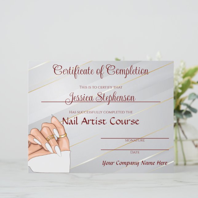 Gold and White Nail Artist Certificate (Standing Front)