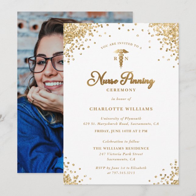 Gold and White Nurse Pinning Ceremony Photo Invitation (Front/Back)