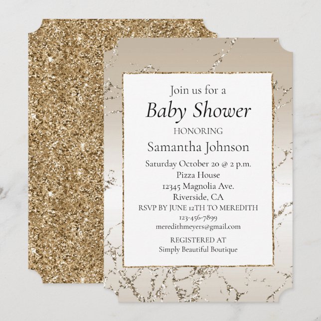 Gold and White Ombre Glitter Marble Invitation (Front/Back)