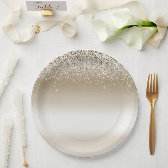 Gold and White Ombre Glittery Glitz Paper Plates (Wedding)