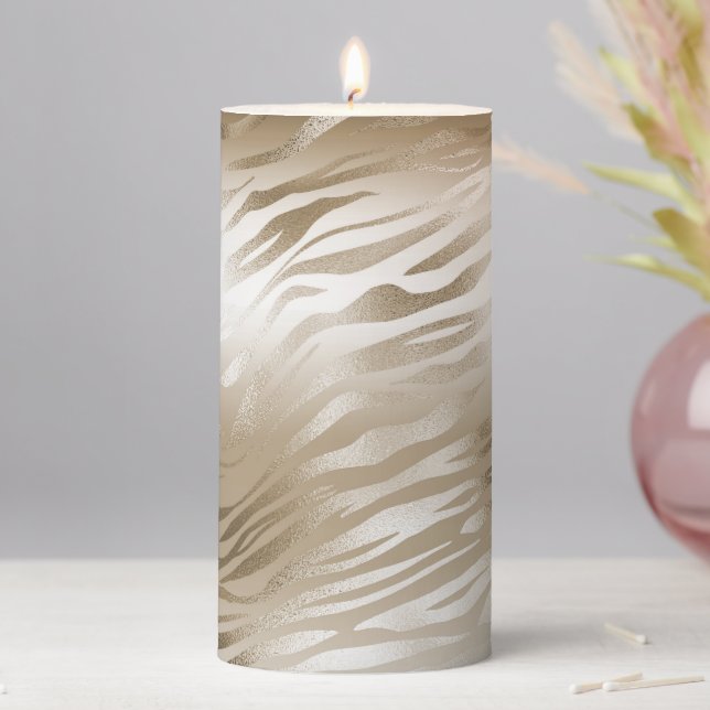 Gold and White Ombre Zebra Animal Print Pillar Candle (In Situ)