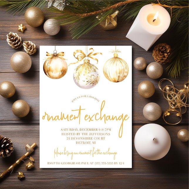 Gold and White Ornament Exchange Holiday Party Invitation (Creator Uploaded)