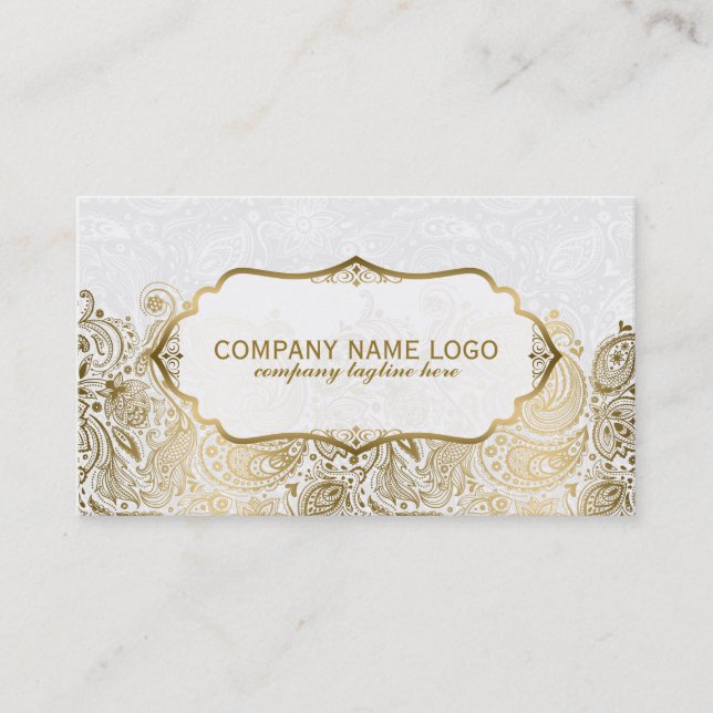 Gold And White Paisley Lace Business Card (Front)
