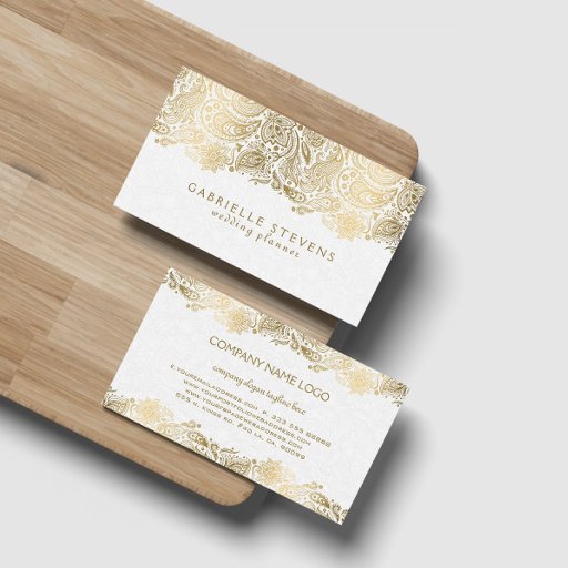 Customizable Elegant Gold And White Paisley 2 Wedding Planner Double-Sided Standard Business Cards (Pack Of 100)