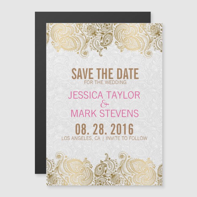 Gold And White Paisley Lace & Damasks Magnetic Invitation (Front/Back)