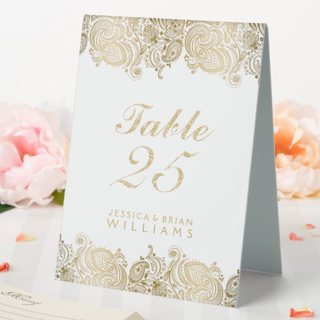 Gold & and white paisley lace table tent (In SItu (Wedding))