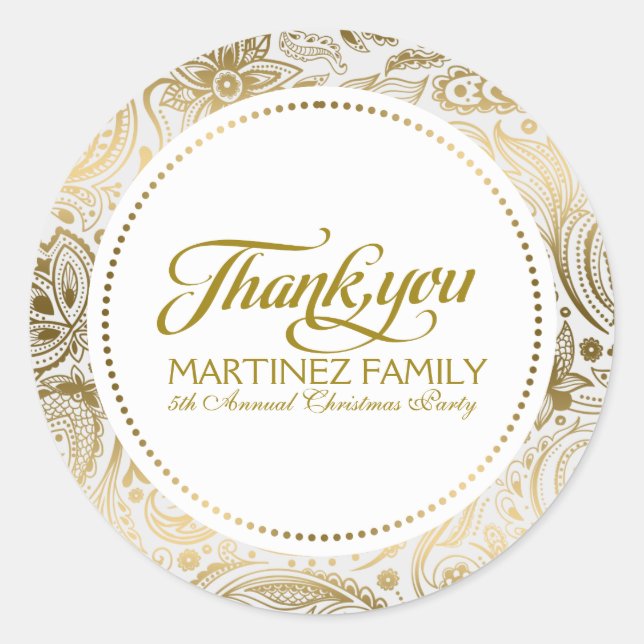Gold And White Paisley Lace Thank You Classic Round Sticker (Front)