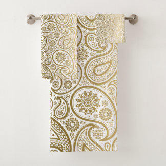 Gold and white paisley pattern bath towel set