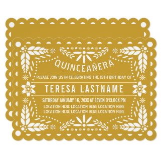 Gold and white papel picado Quinceañera Invitation