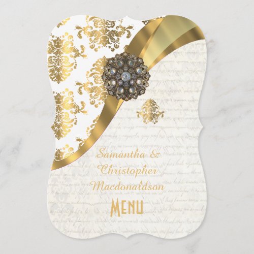 Gold and white parchment damask wedding menu