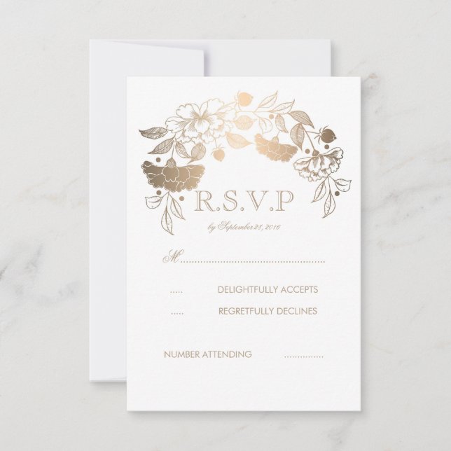 Gold and White Peonies Laurel Wedding RSVP Cards (Front)