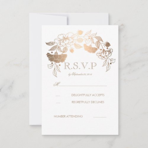 Gold and White Peonies Laurel Wedding RSVP Cards - Gold floral wreath wedding reply cards