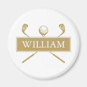 Gold And White Personalized Name Golf Ball Clubs Magnet