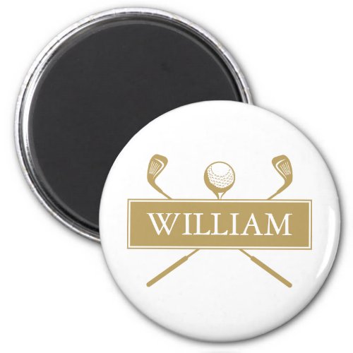 Gold And White Personalized Name Golf Ball Clubs Magnet