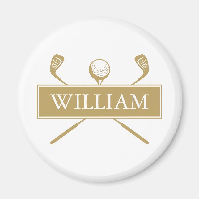 Gold And White Personalized Name Golf Ball Clubs Magnet (Front)