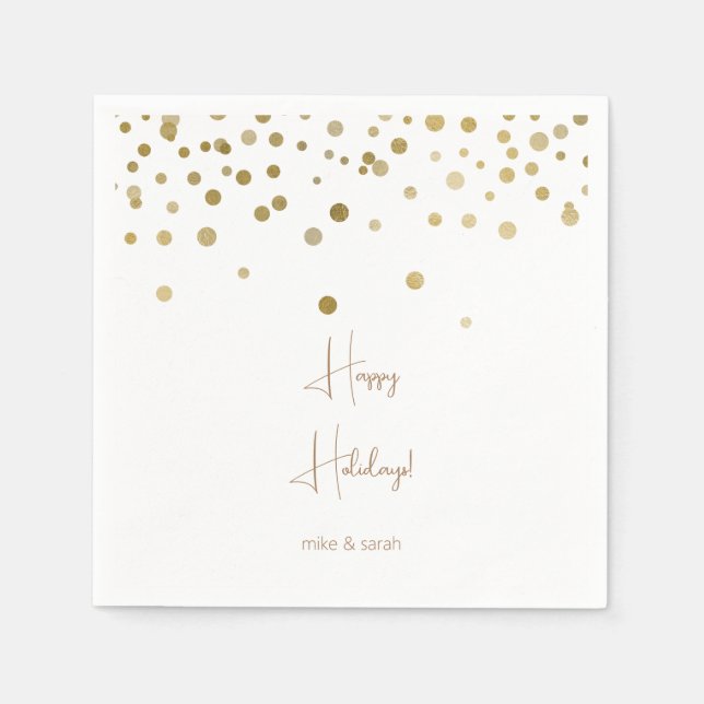 Gold and White PersonalizedHappy Holidays Cocktail Napkins (Front)
