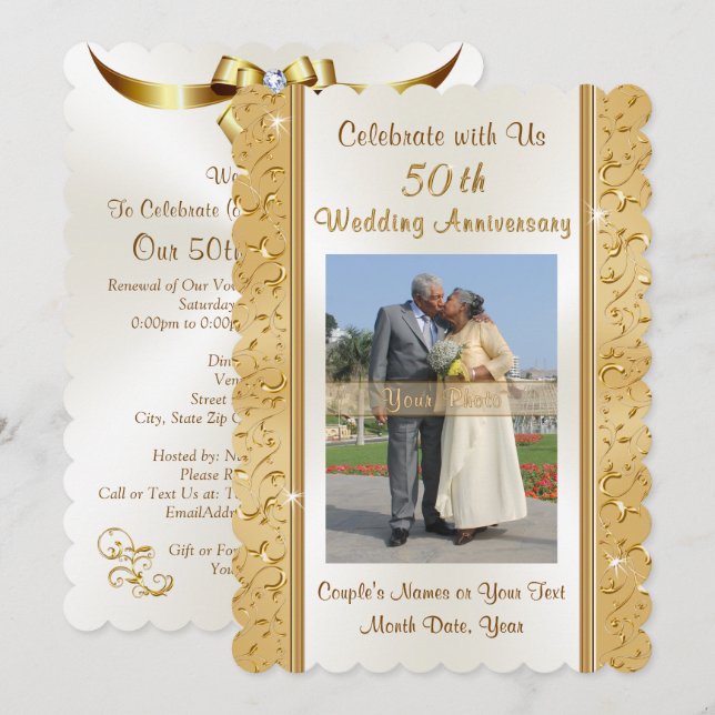 Gold and White Photo 50th Anniversary Invitations (Front/Back)