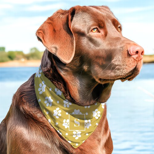 Gold And White Polka Dot Paw Print Monogram Pet Bandana Collar