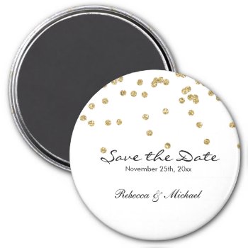 Gold And White Polka Dots Glitters Save The Date Magnet by weddingsNthings at Zazzle