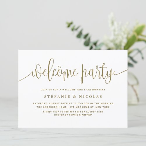 Gold and White Pretty Calligraphy Welcome Party Invitation