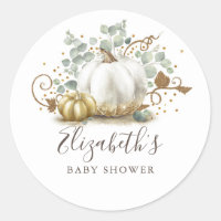 Gold and White Pumpkin Fall Baby Shower Classic Round Sticker