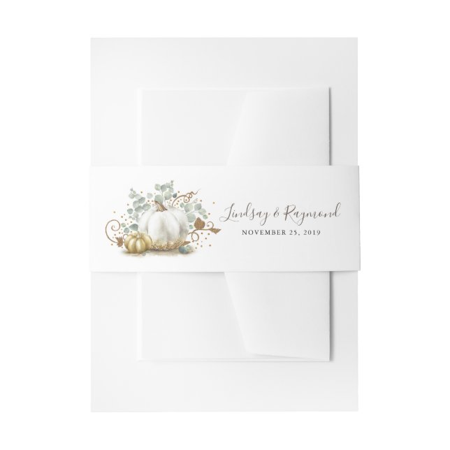 Gold and White Pumpkin Fall Harvest Invitation Belly Band (Front Example)