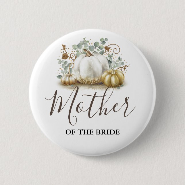 Gold and White Pumpkin Fall Wedding Button (Front)