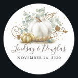 Gold and White Pumpkin Fall Wedding Classic Round Sticker<br><div class="desc">Gold and white pumpkin fall wedding stickers</div>
