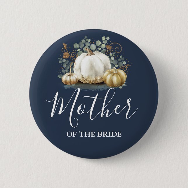 Gold and White Pumpkin Fall Wedding Navy Blue Button (Front)