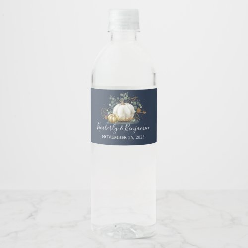 Gold and White Pumpkin Fall Wedding Navy Blue Water Bottle Label