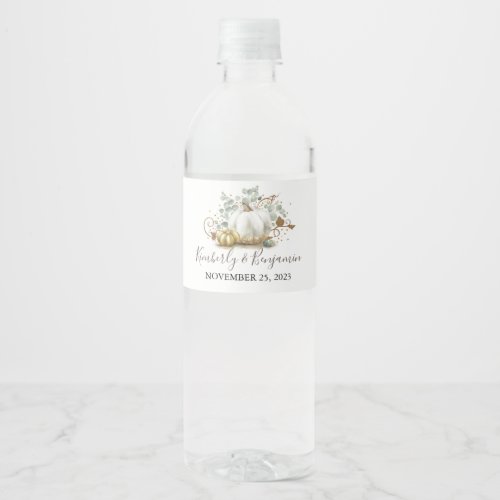 Gold and White Pumpkin Fall Wedding Water Bottle Label