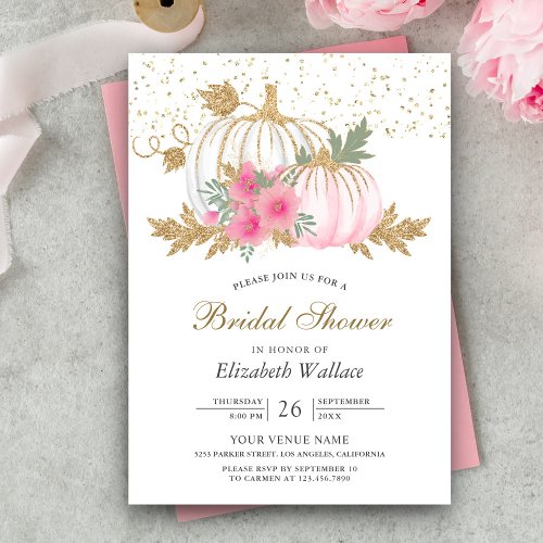 Gold and White Pumpkin Pink Floral Bridal Shower Invitation