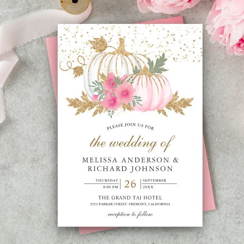 Gold and White Pumpkin Pink Floral Fall Wedding Invitation