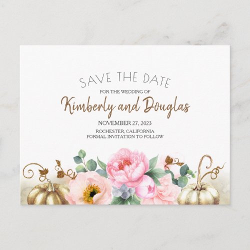 Gold and White Pumpkin Pink Floral Save the Date Announcement Postcard