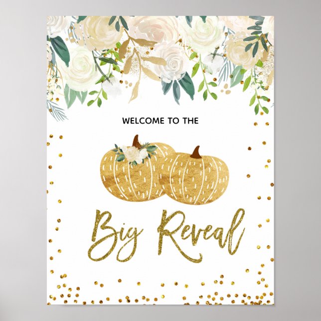 Gold and White Pumpkin Reveal Party Sign (Front)