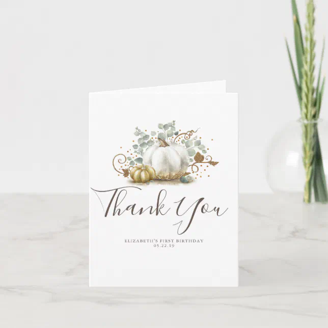 Gold and White Pumpkins Fall Birthday Thank You Card | Zazzle