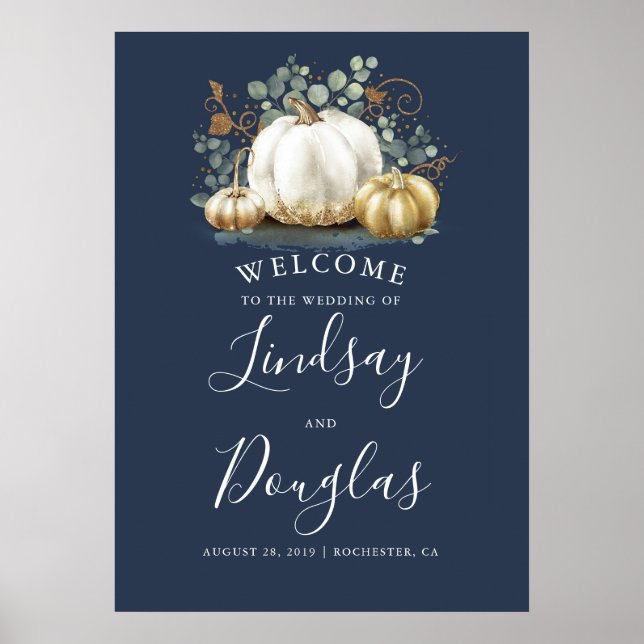 Gold and White Pumpkins Fall Wedding Welcome Sign (Front)