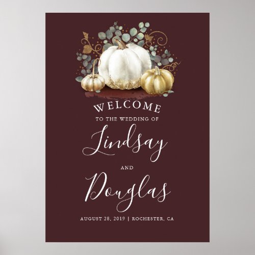 Gold and White Pumpkins Fall Wedding Welcome Sign