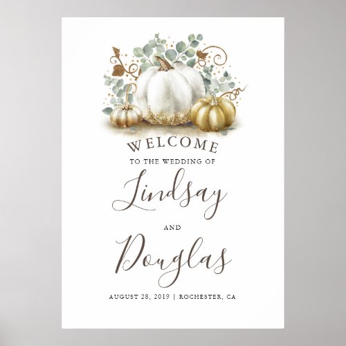 Gold and White Pumpkins Fall Wedding Welcome Sign