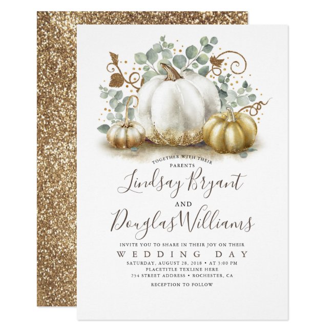 Gold and White Pumpkins Rustic Modern Fall Wedding Invitation
