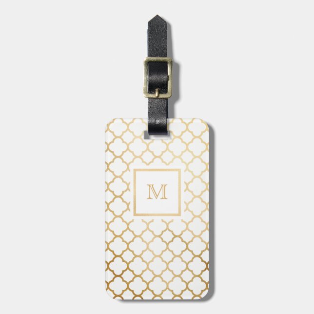 Gold and White quatrefoil Luggage Tag (Front Vertical)