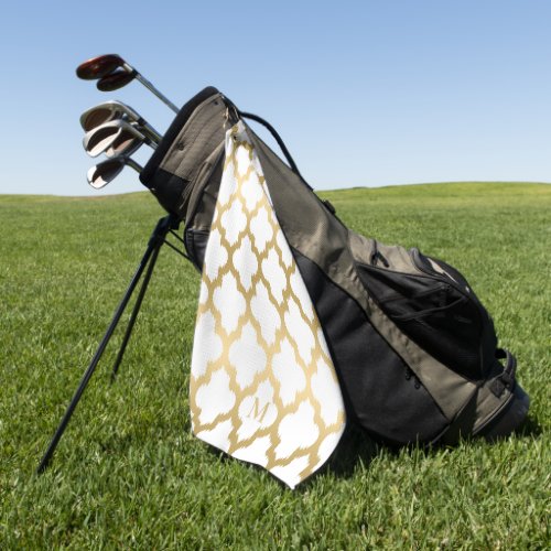 Gold and White Quatrefoil Pattern Monogram Golf Towel